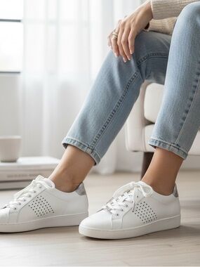 Michael Kors White Leather Lace-Up Sneakers with Silver Accents Size 9